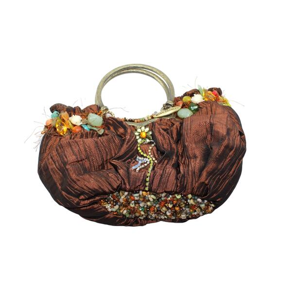 B0 Vintage MARY FRANCES Bronze Beaded Jeweled Boho Luxe Fairycore Bag Purse